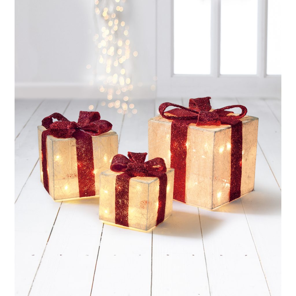 Premier Light up Parcels LEDs Set of 3 White & Red Christmas At Altons